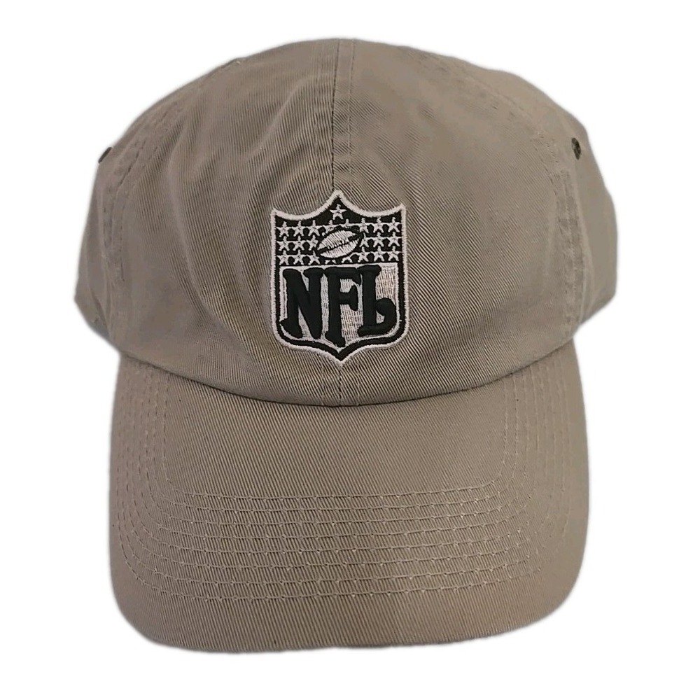 Vtg 90s NFL Shield Hat Beige Leather Strapback Brass NFL Logo Buckle Rare Cap